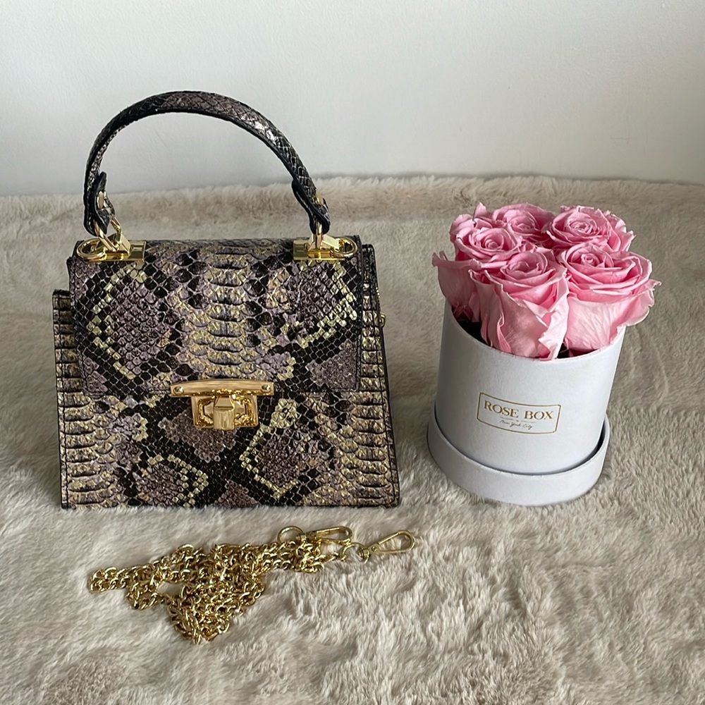 Brand New Python Embossed Leather Made in Italy Plum and Gold Metallic  Handbag